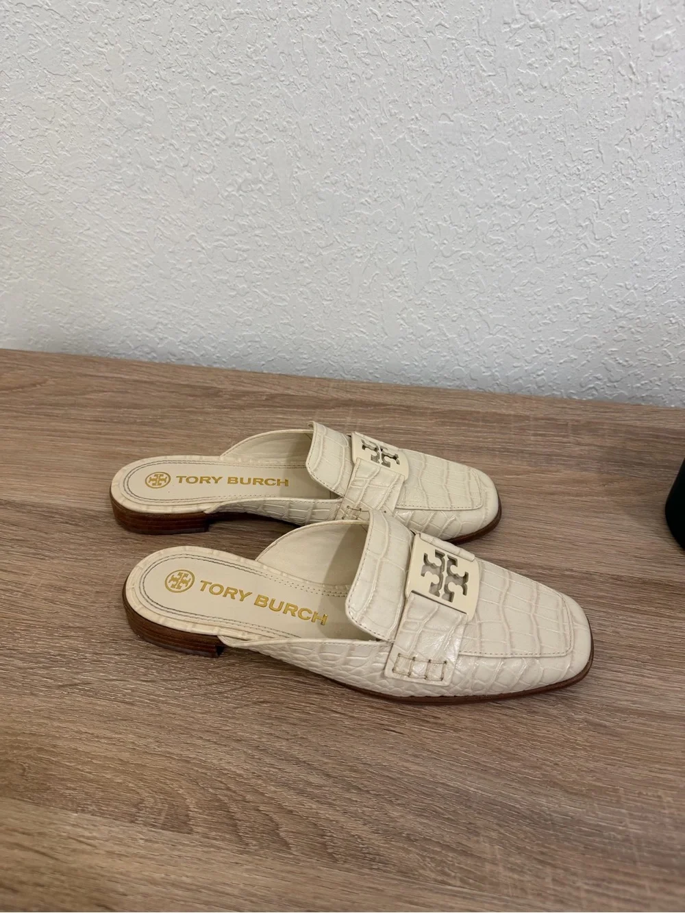 Tory Burch Cream Croc-Embossed Slip-On Mules with Logo